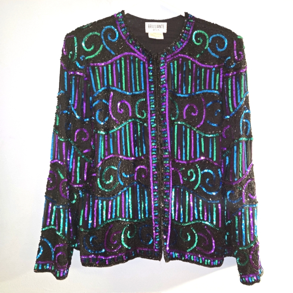 Vintage Brilliante By J.A Silk Multicolor Sequin Jacket Formal Party Jacket